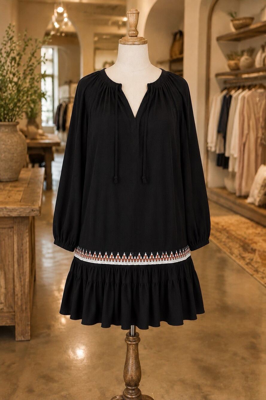 Cleobella Women's M Black Embroidered Mini Dress V Neck Oversized Fit EUC